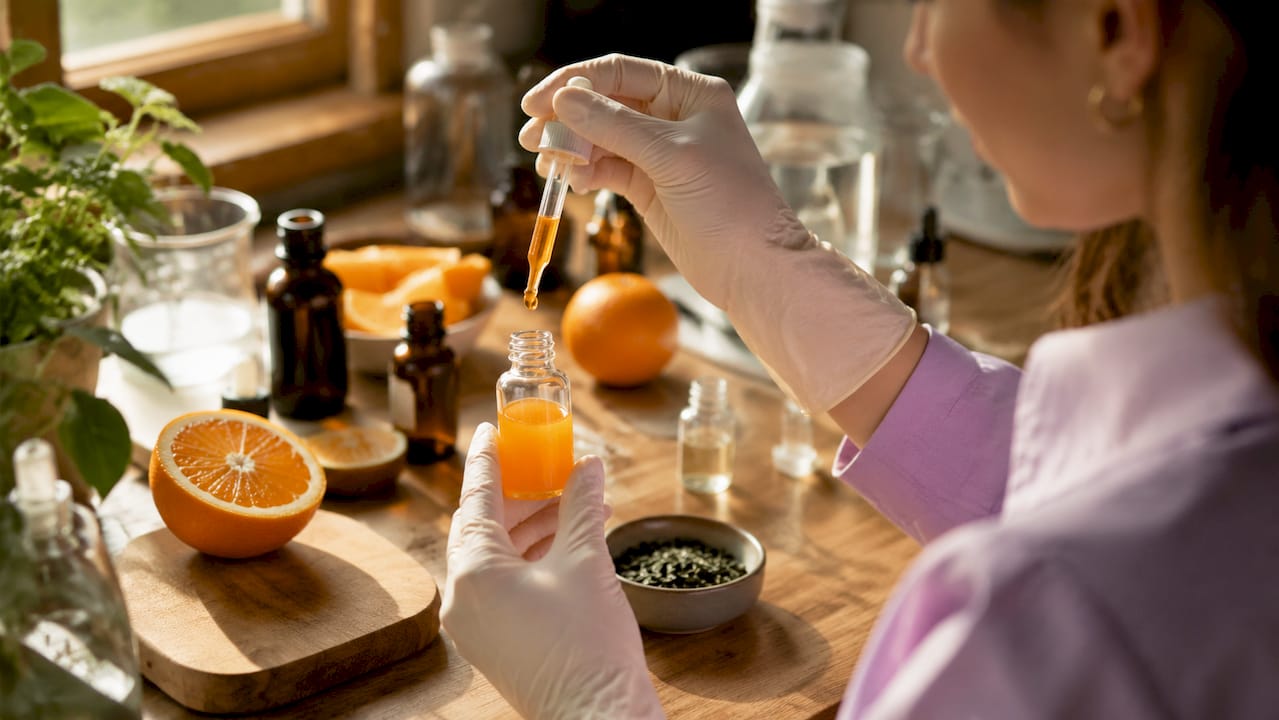 Hands mixing antioxidant serum ingredients in lab