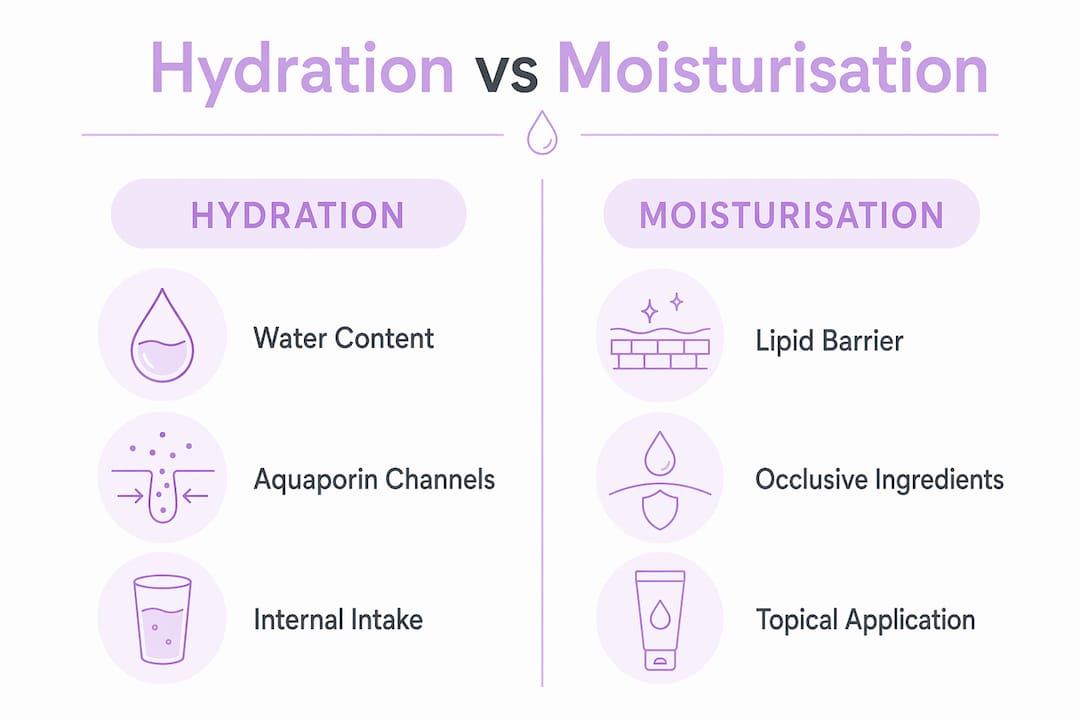 Infographic contrasting skin hydration and moisturisation
