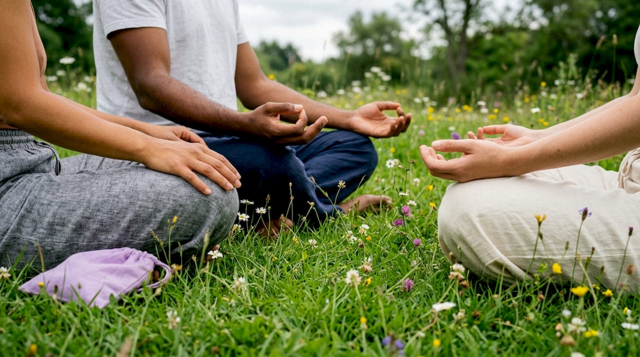 Hands in meditation pose on yoga mat indoors