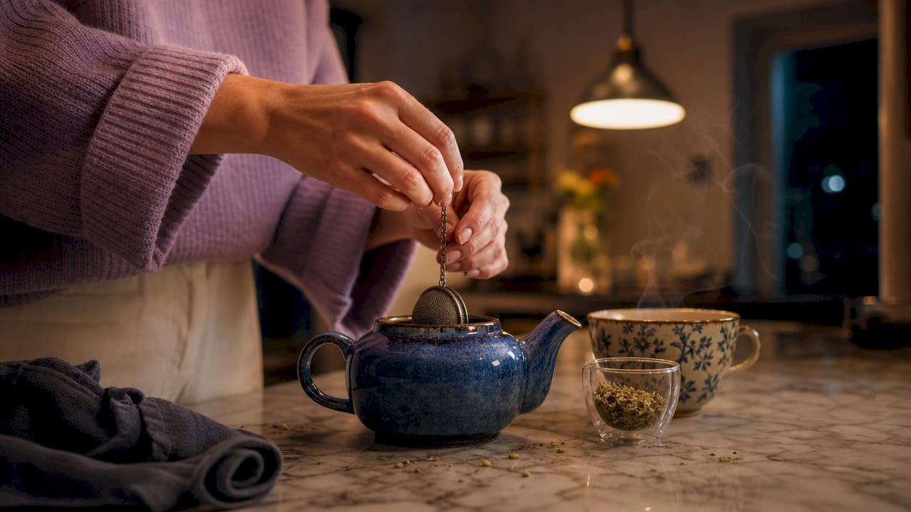 Hands brewing loose-leaf tea in glass teapot