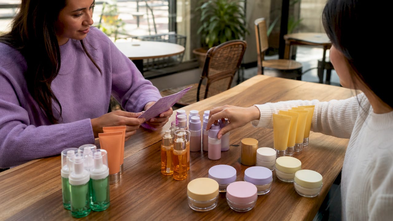 Hands arranging skincare gift products on marble countertop