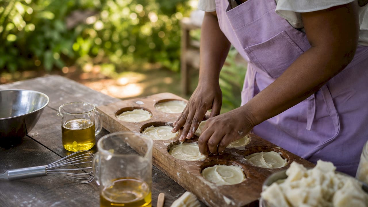 Artisan hands molding palm oil free soap in workshop