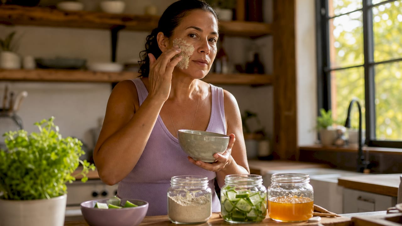 Hands applying natural face mask on skin close-up