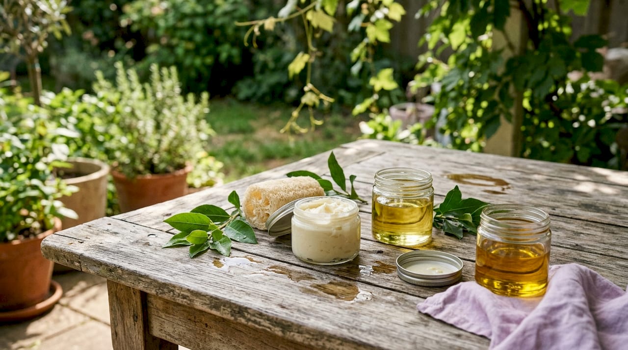 Natural emollient skincare ingredients on wooden table