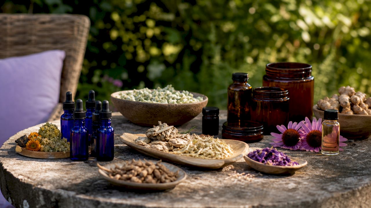 Various types of botanical extracts on table