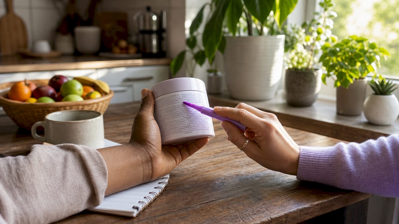 Close-up of hands analyzing skincare ingredient list