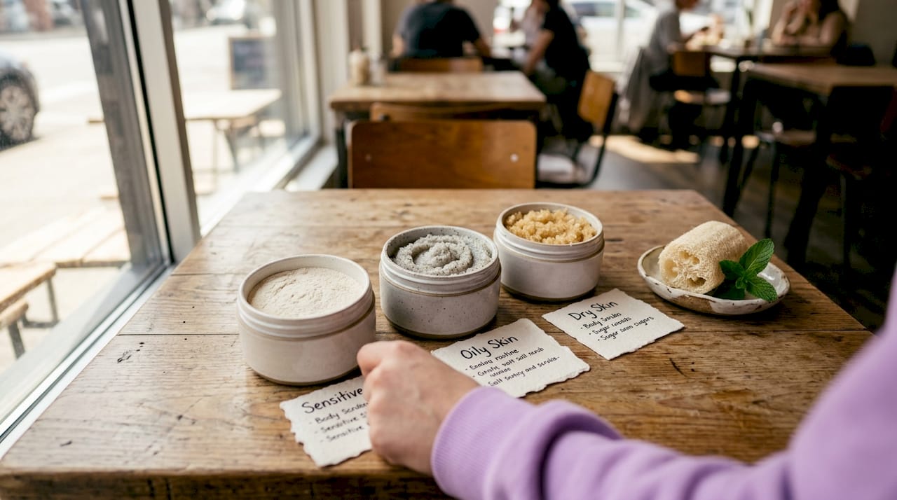 Flat lay of body scrubs with skin type notes