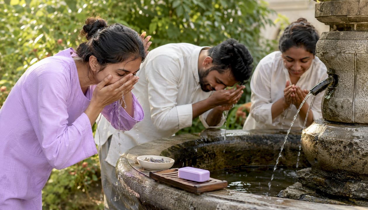 Hands using solid cosmetic bar at stone sink