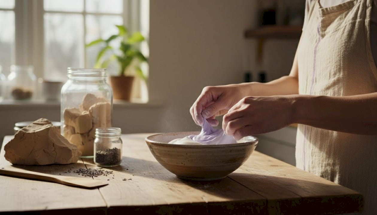 Hands mixing mineral clay into soap base