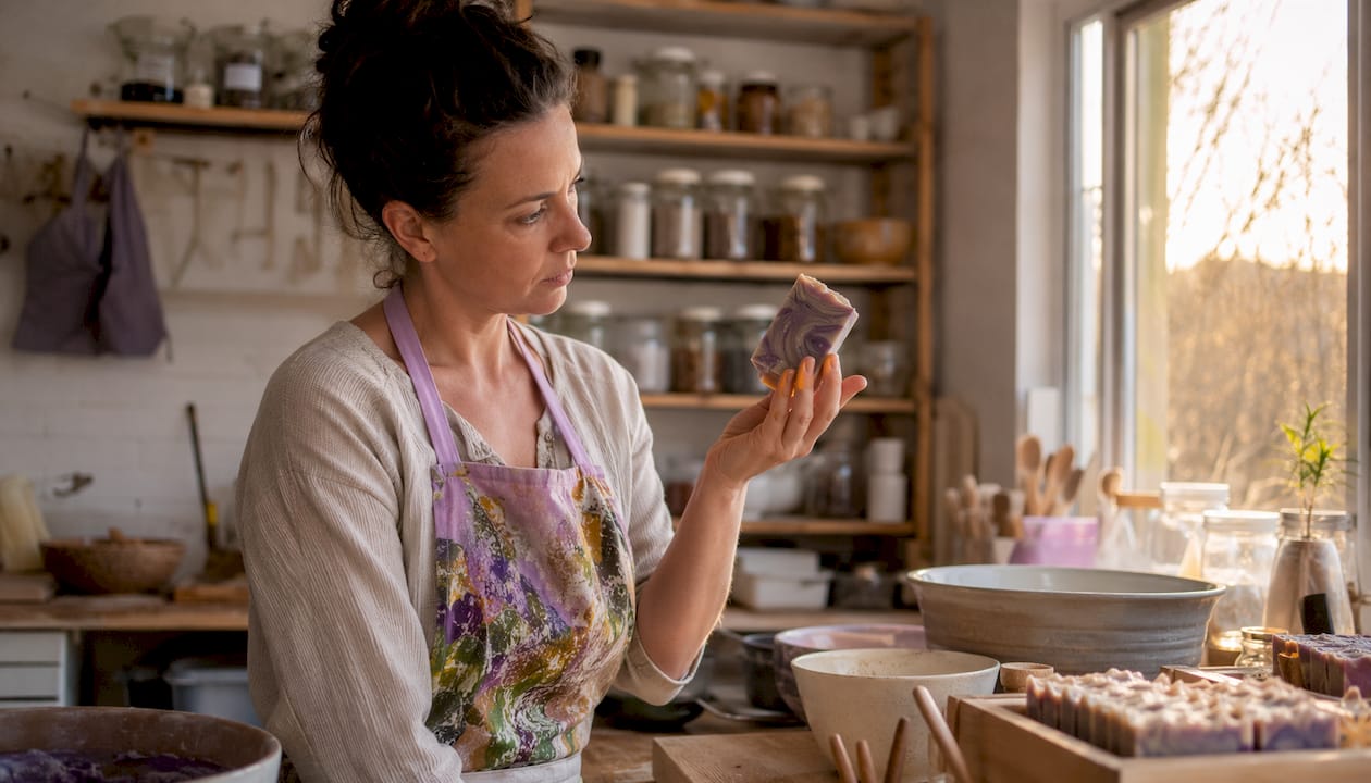Soap maker inspecting cured soap quality