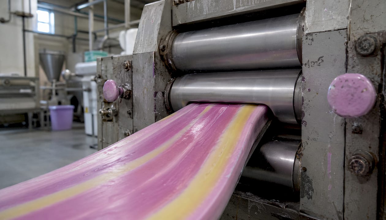 Close-up of soap milling rollers processing soap