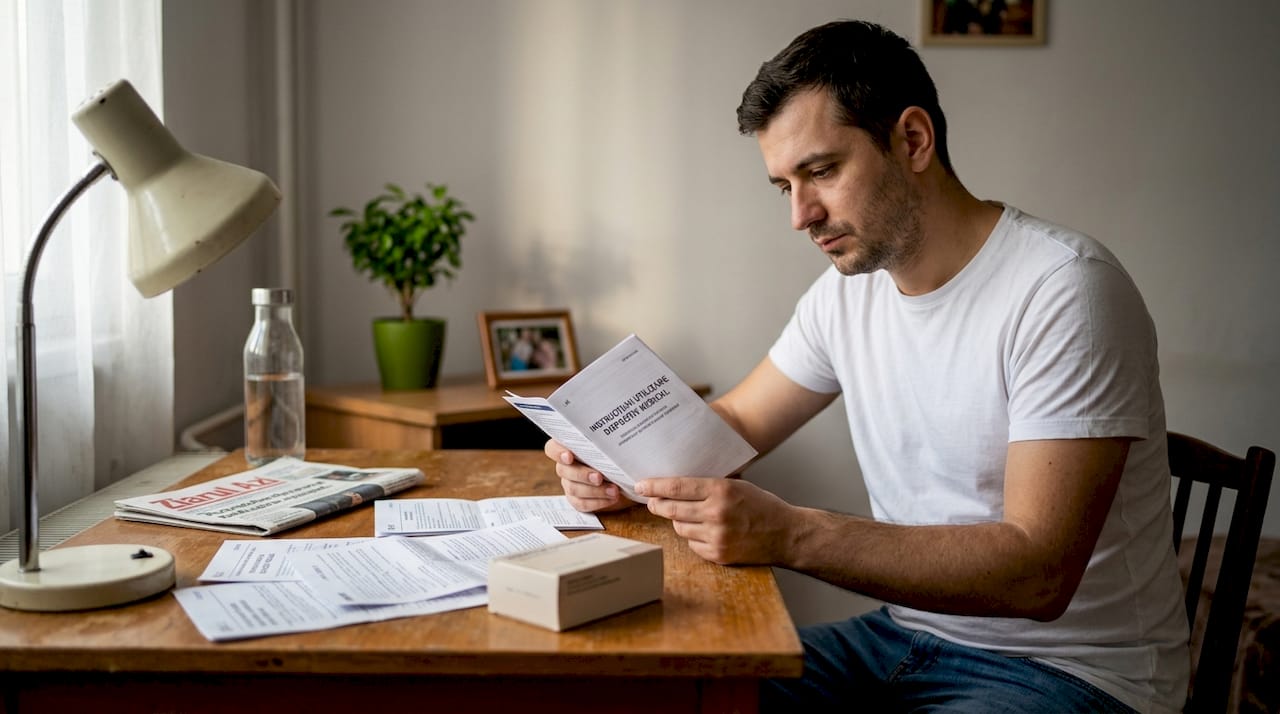 O persoană analizează un dispozitiv medical la birou, acordându-i toată atenția.