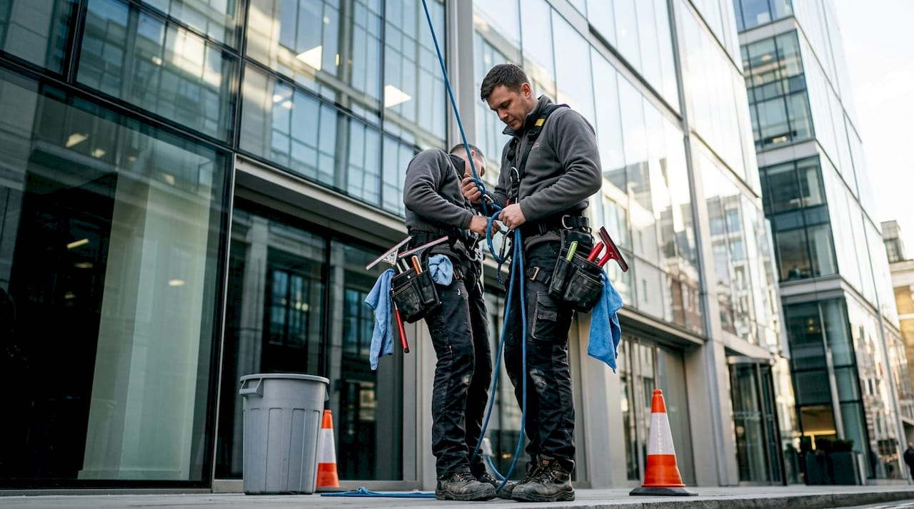 1774947175505 Technician prepares rope access window cleaning - J R Cleaning