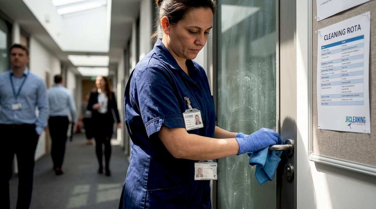 1775552215106 Cleaner sanitising office door handle area - J R Cleaning