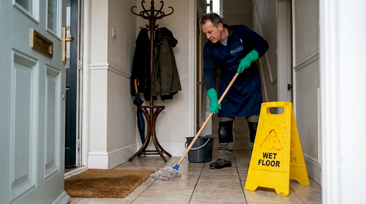 1775819593873 Cleaner using wet floor sign in entryway - J R Cleaning