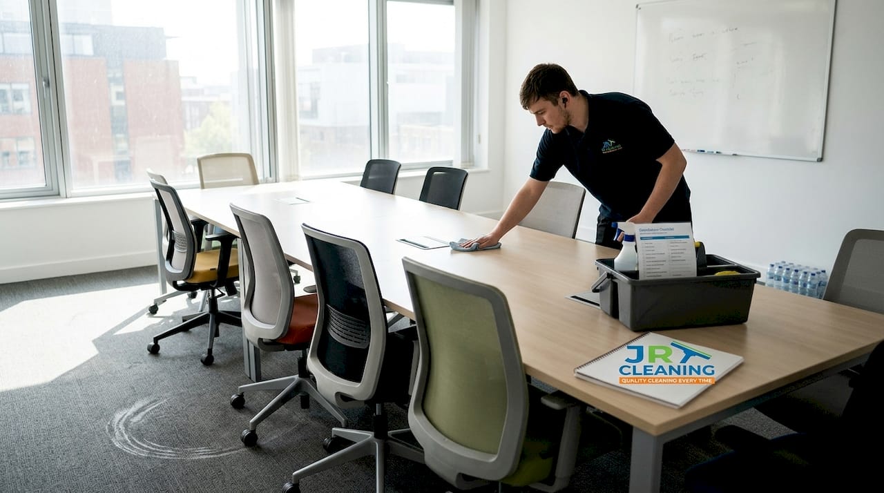 1775987980091 Commercial cleaner wiping meeting table in office - J R Cleaning