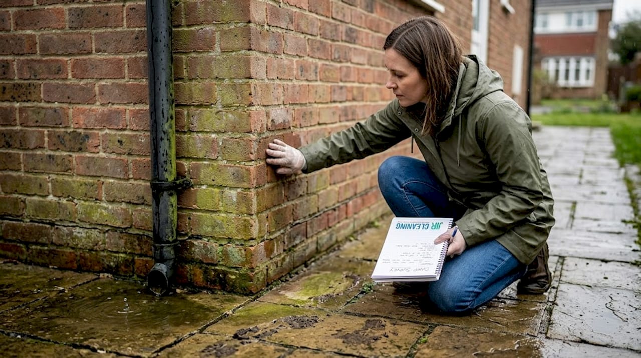 1776252671222 Homeowner inspecting water damage near downpipe - J R Cleaning