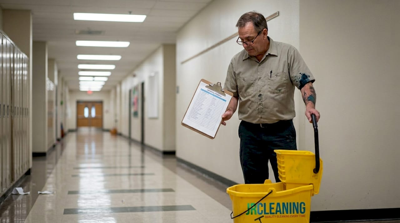 1776603296948 Janitor checking cleaning checklist in school hall - J R Cleaning