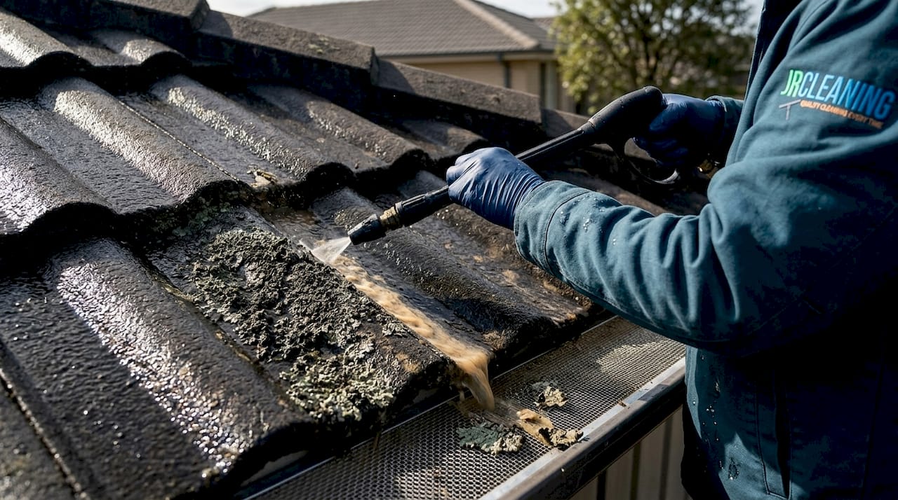 1777837439750 Hands soft washing roof tile close up - J R Cleaning