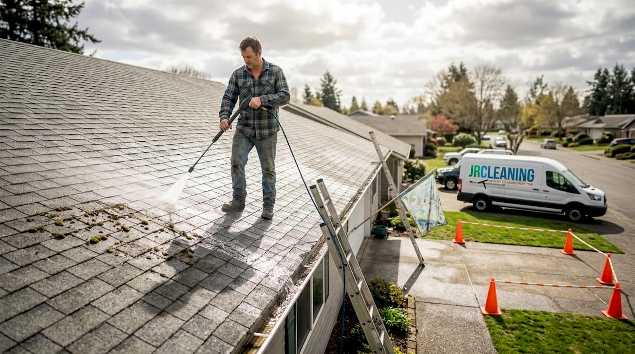 1777859940378 Homeowner pressure washing roof in preparation - J R Cleaning