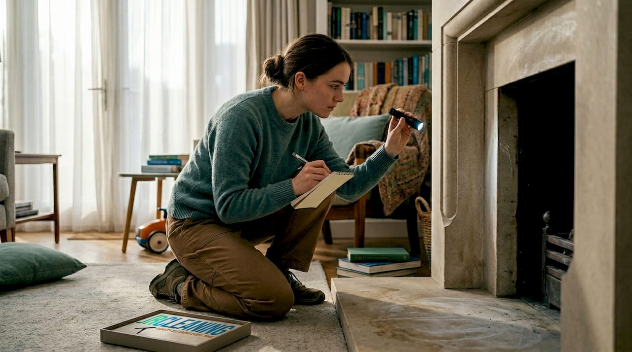 1777946262065 Woman inspecting living room stone fireplace - J R Cleaning