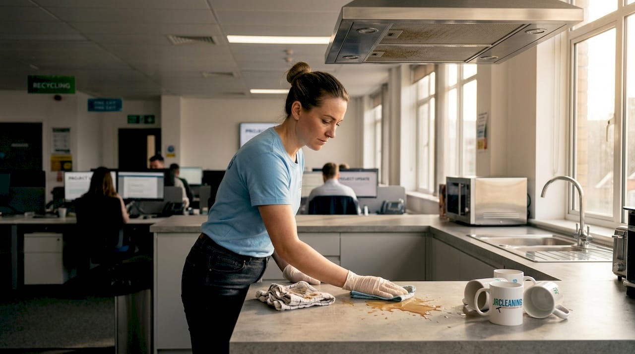 1777973956792 Cleaner wiping kitchen counter in office - J R Cleaning
