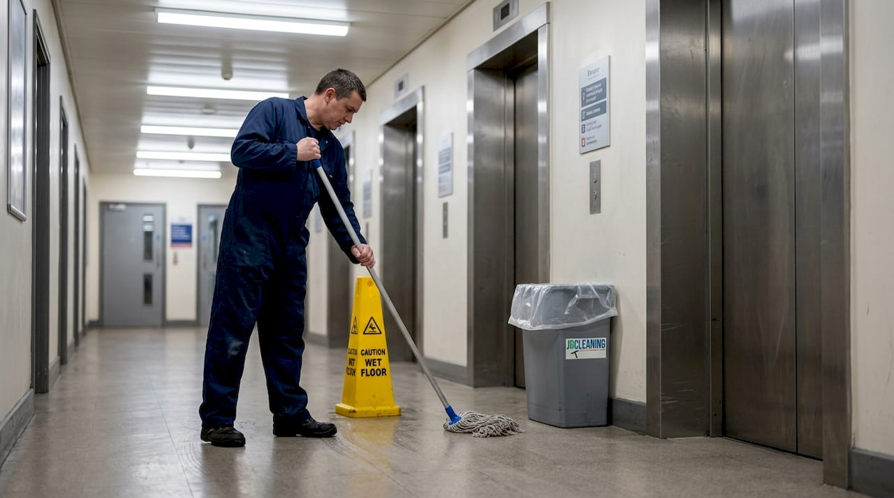1778035129684 Janitor mopping corridor near elevator with caution sign - J R Cleaning