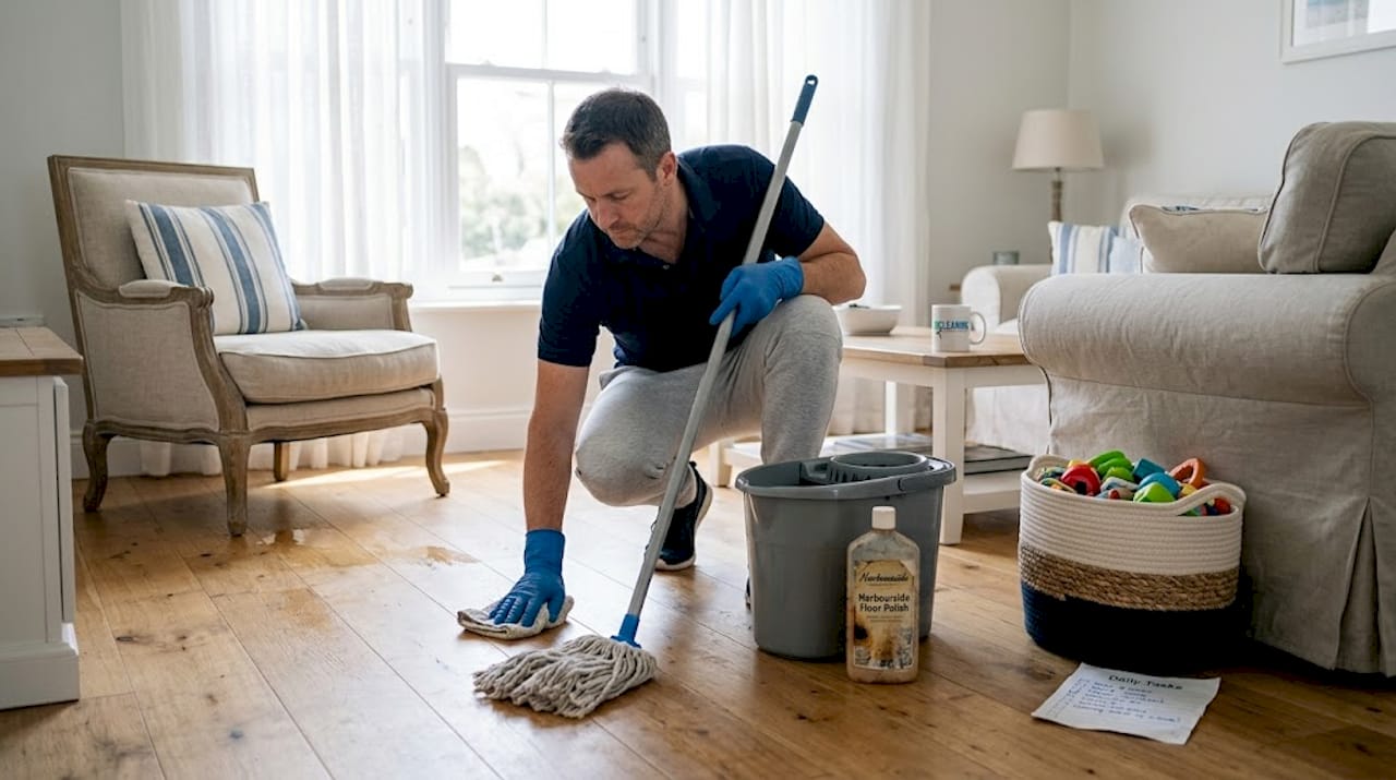 1778394734840 Man mopping hardwood living room floor - J R Cleaning