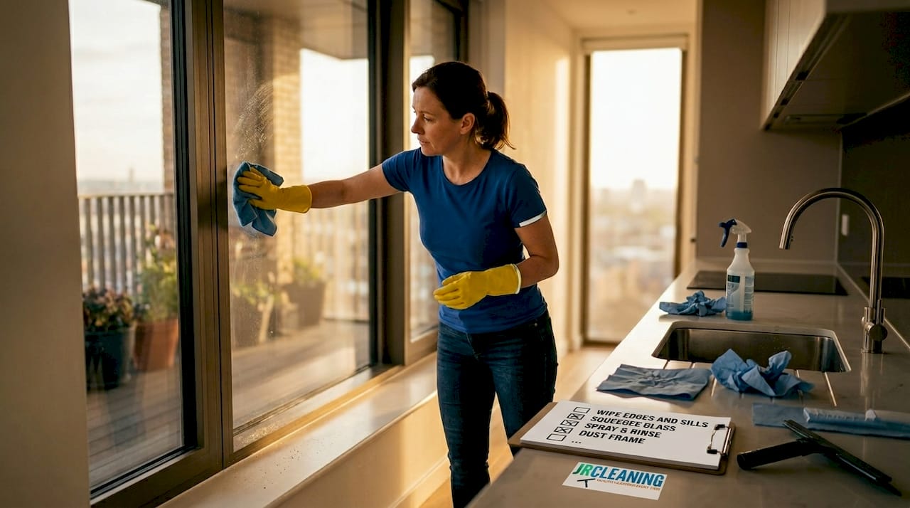 1778686444949 Worker cleaning windows in new build kitchen - J R Cleaning