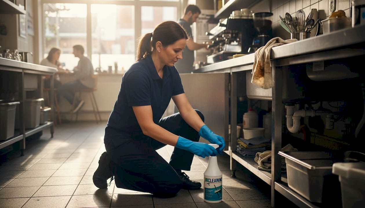1778778309409 Cleaner putting on gloves near cleaning chemicals - J R Cleaning