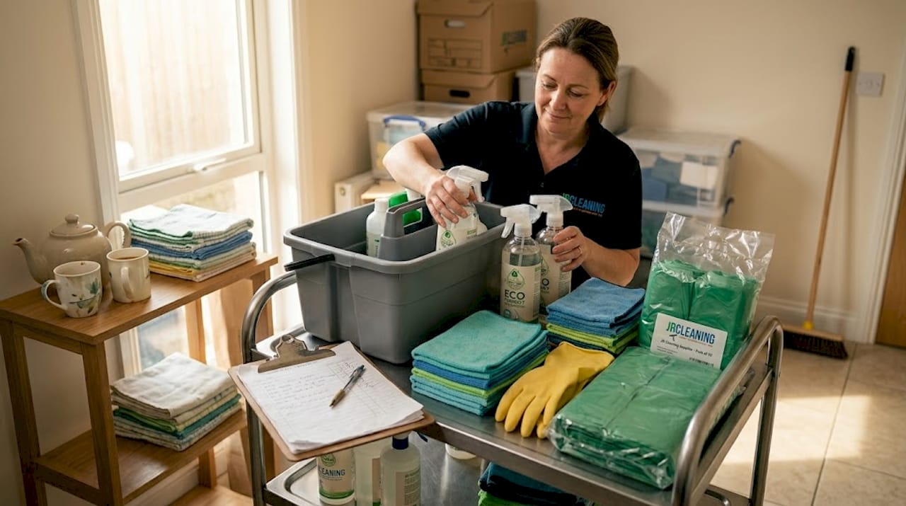 1778823627180 Cleaner prepares eco friendly cleaning supplies in break room - J R Cleaning