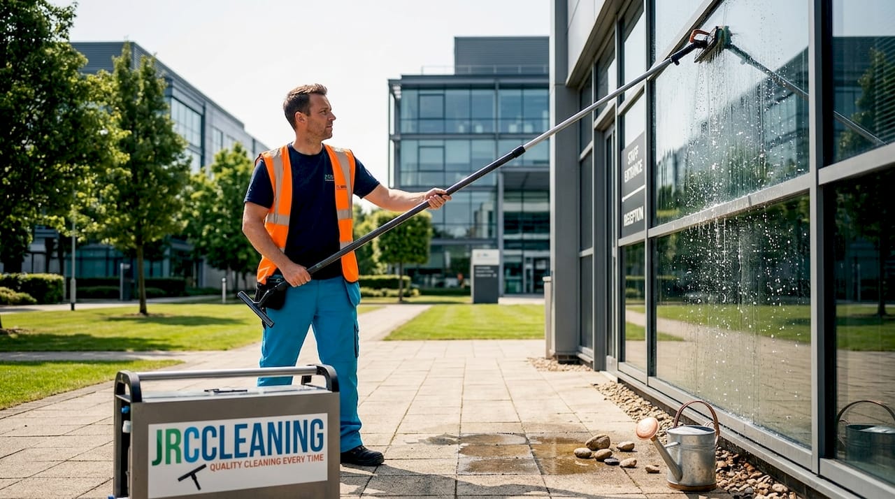 1779361403105 Technician cleaning windows with water fed pole - J R Cleaning