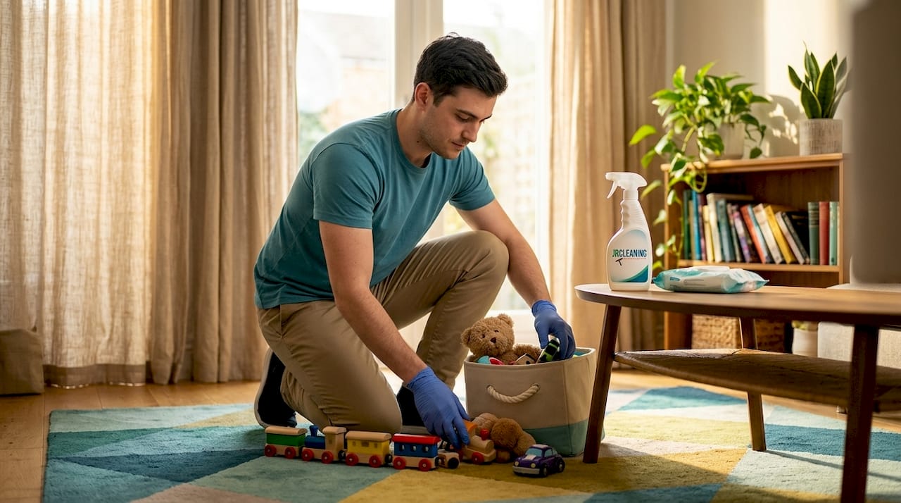 1779468234046 Cleaner picking up toys in lived in living room - J R Cleaning