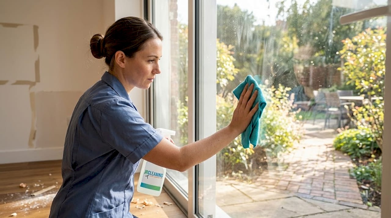 1779624154694 Cleaner wiping window with dust and footprints - J R Cleaning