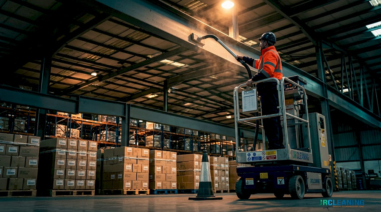 1779895064812 Technician cleaning high warehouse beams with lift - J R Cleaning
