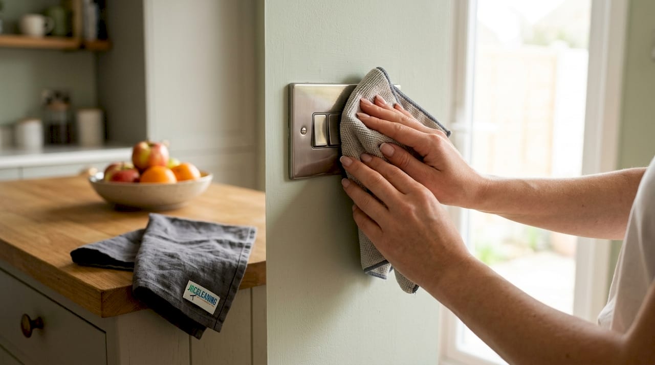 1780076055842 Hands cleaning living room light switch - J R Cleaning