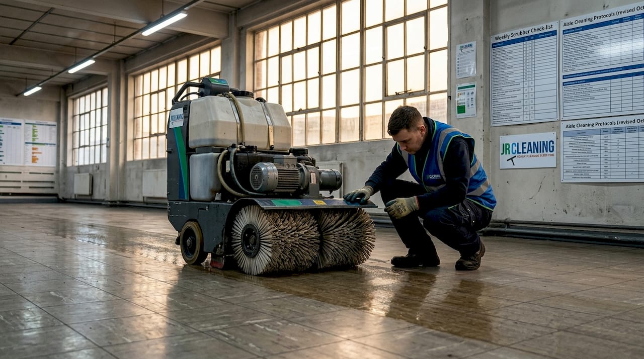 1780254350225 Operator inspecting industrial cylindrical scrubber - J R Cleaning