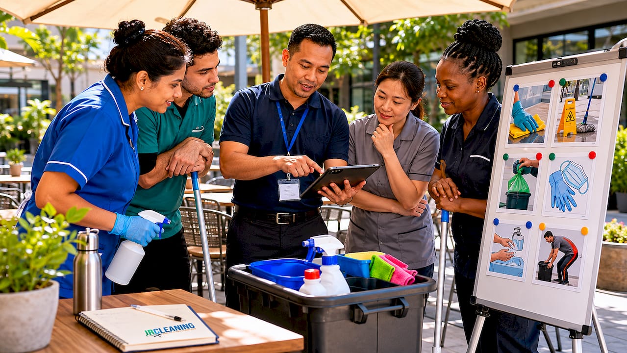1780461967331 Multilingual cleaning team discussing tasks with tablet - J R Cleaning 1780461967331 Multilingual cleaning team discussing tasks with tablet - J R Cleaning