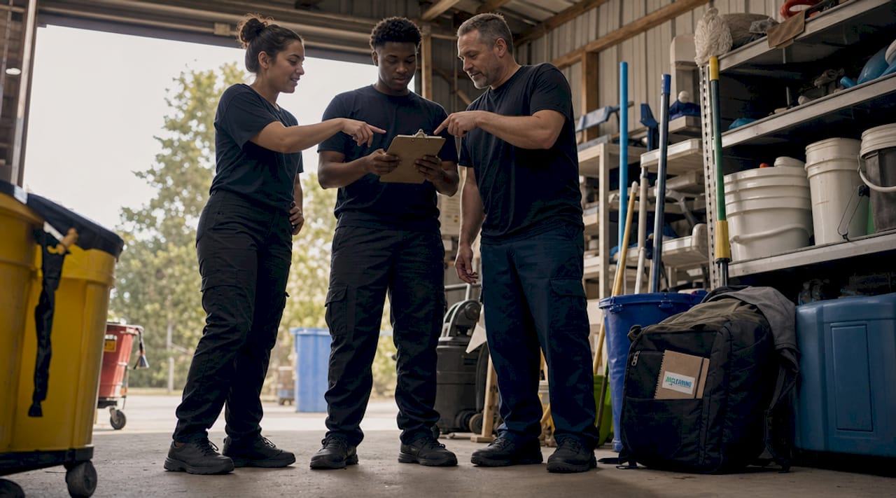 1780546706515 Diverse cleaning team discussing safety manual - J R Cleaning 1780546706515 Diverse cleaning team discussing safety manual - J R Cleaning