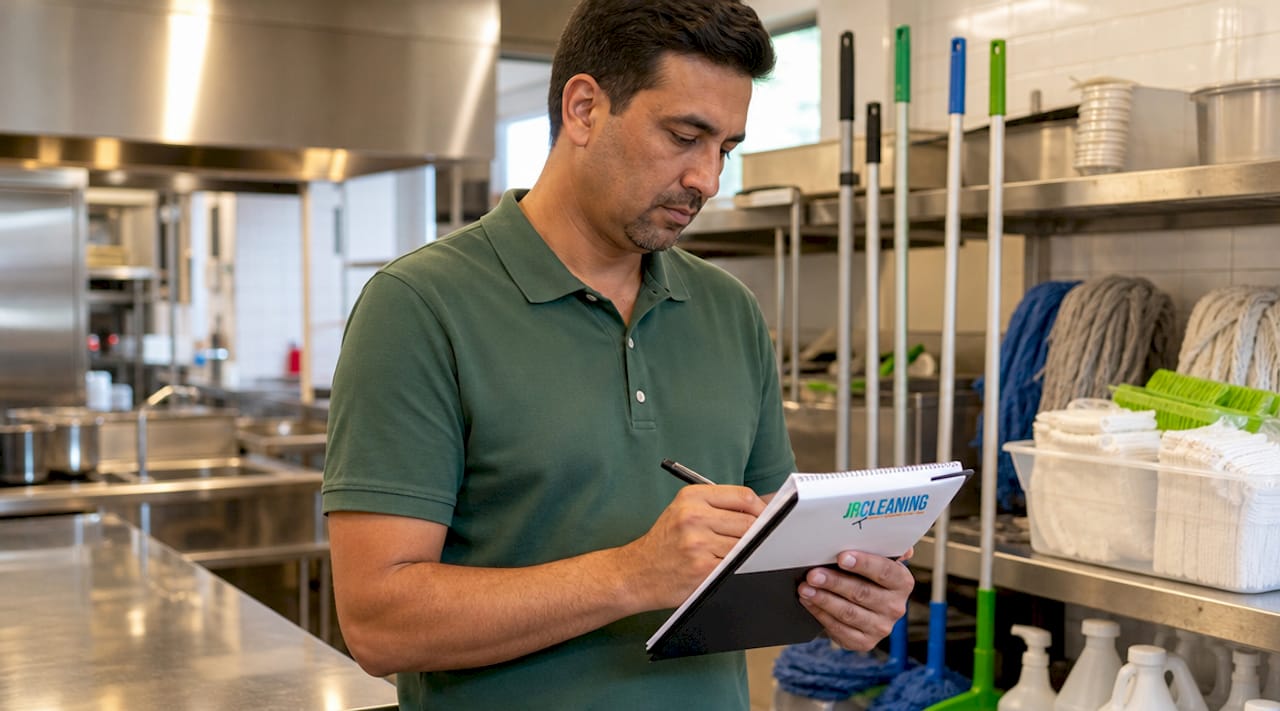 1780721416822 Cleaning supervisor inspecting retail restroom checklist - J R Cleaning