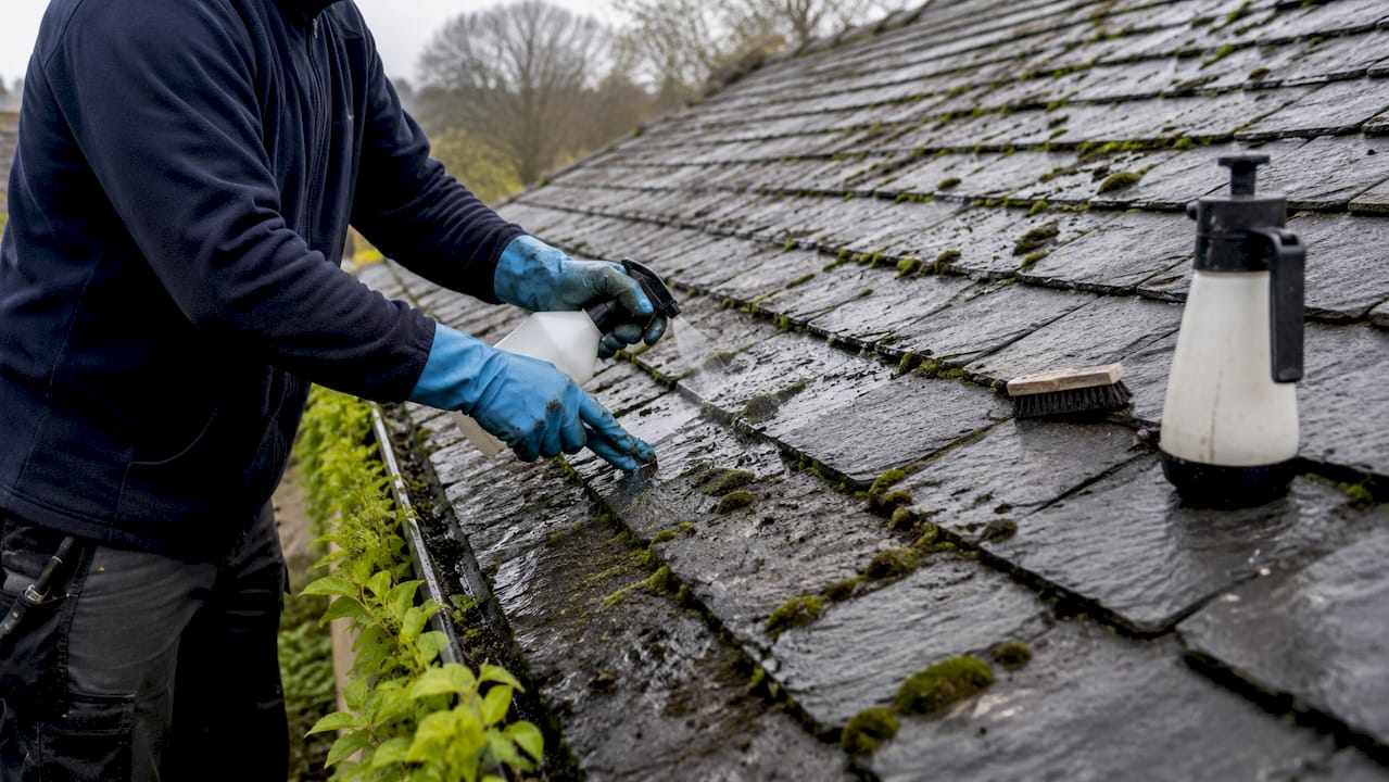 1781157809360 Hands applying moss removal to roof tiles - J R Cleaning 1781157809360 Hands applying moss removal to roof tiles - J R Cleaning