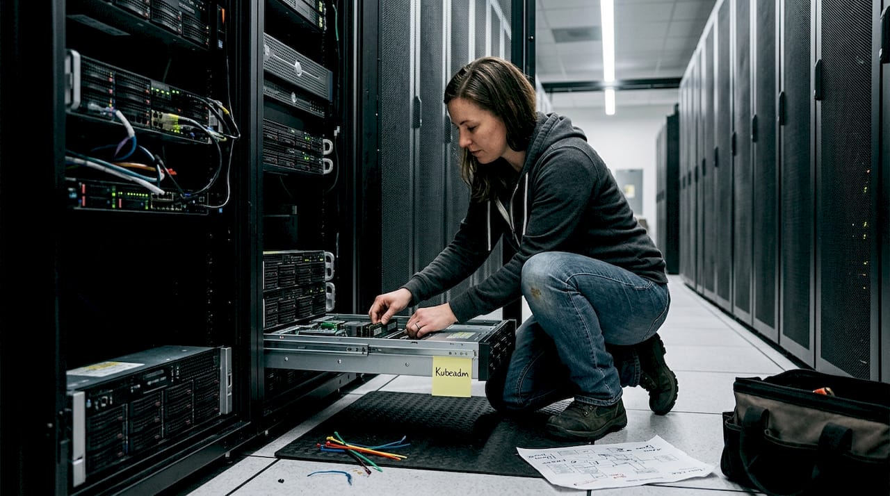 Technician preparing server for Kubernetes deployment