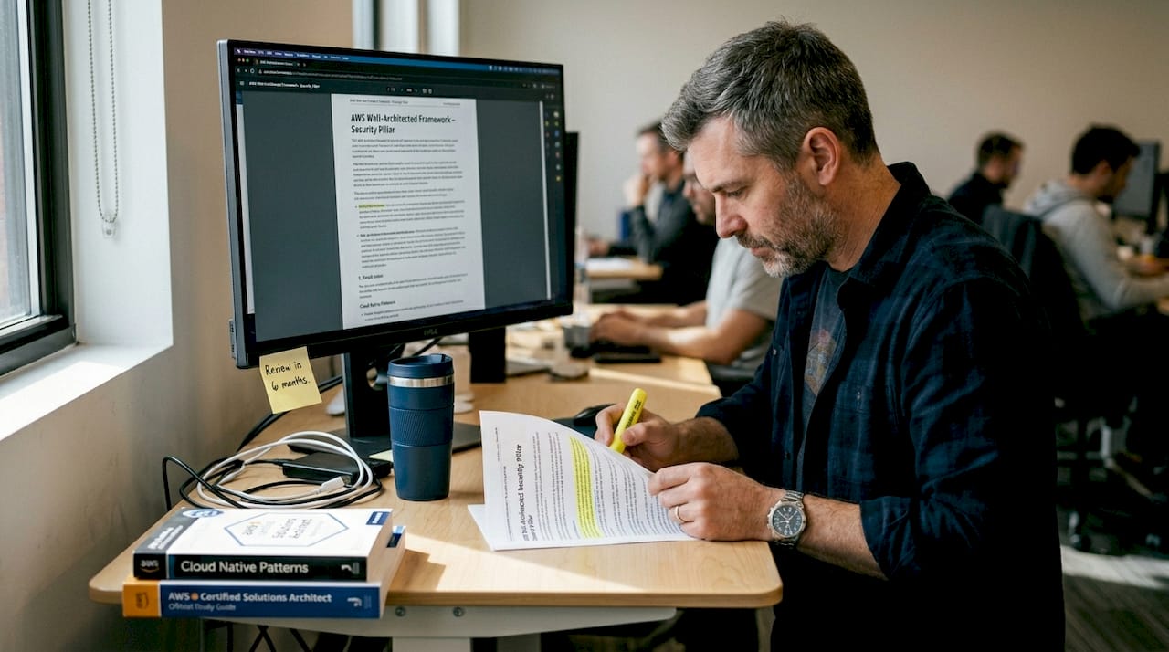 Architect reviewing AWS framework printout