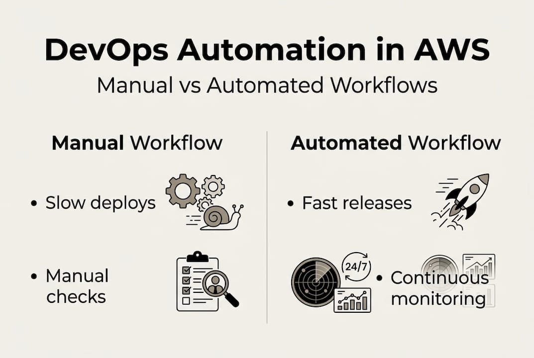 Infographic showing manual versus automated DevOps workflow