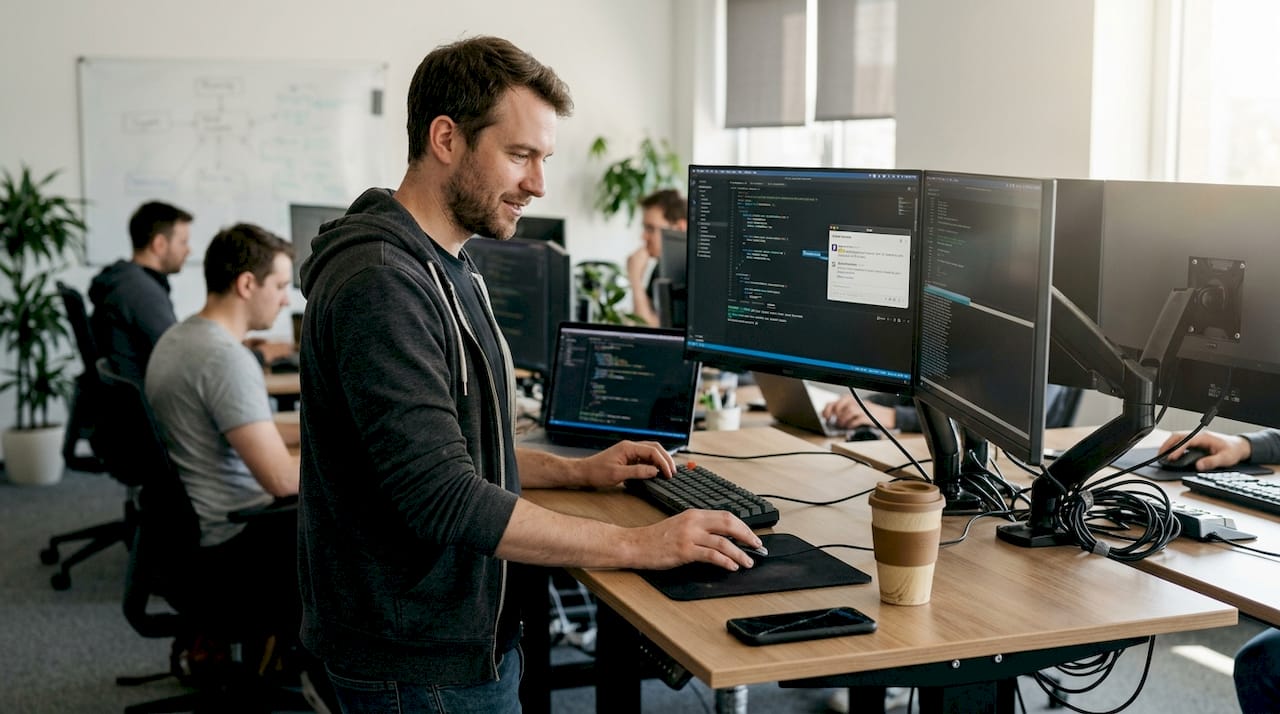 Engineer deploying AWS automation at office desk