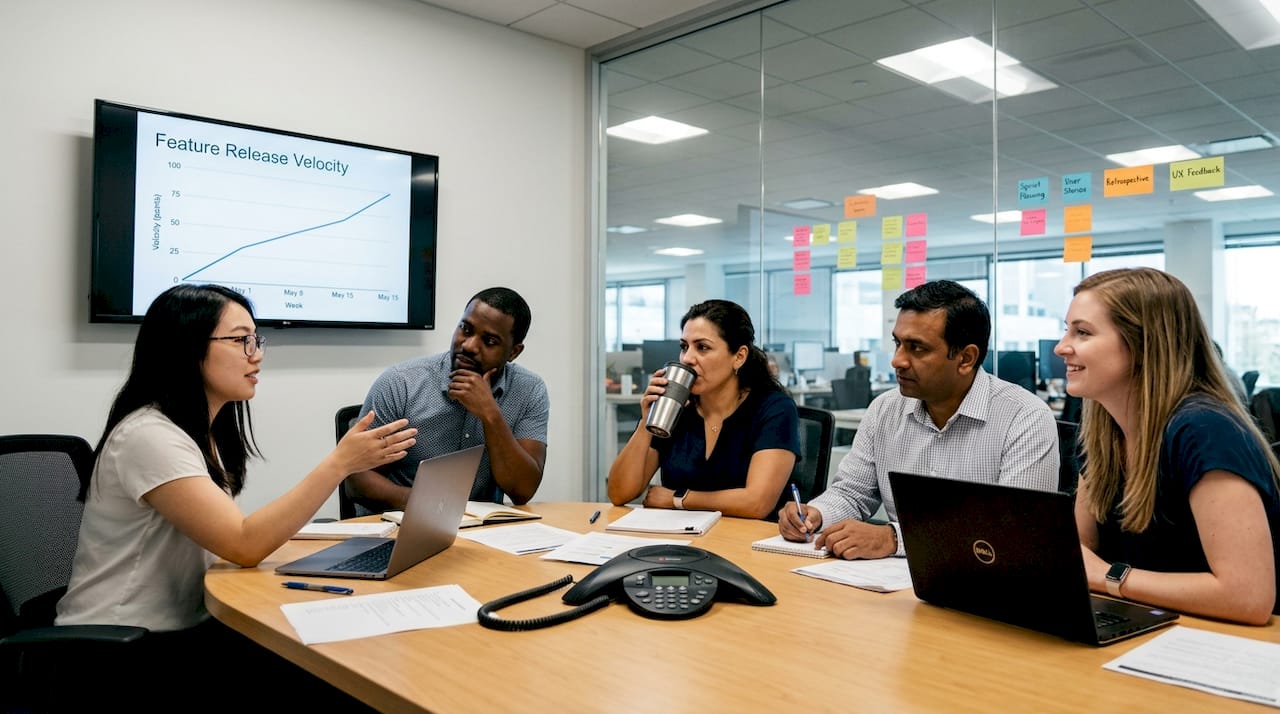 Team meeting discussing software delivery results