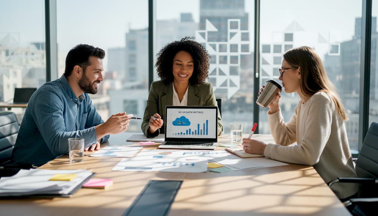 Team discussing AWS cloud strategy at table