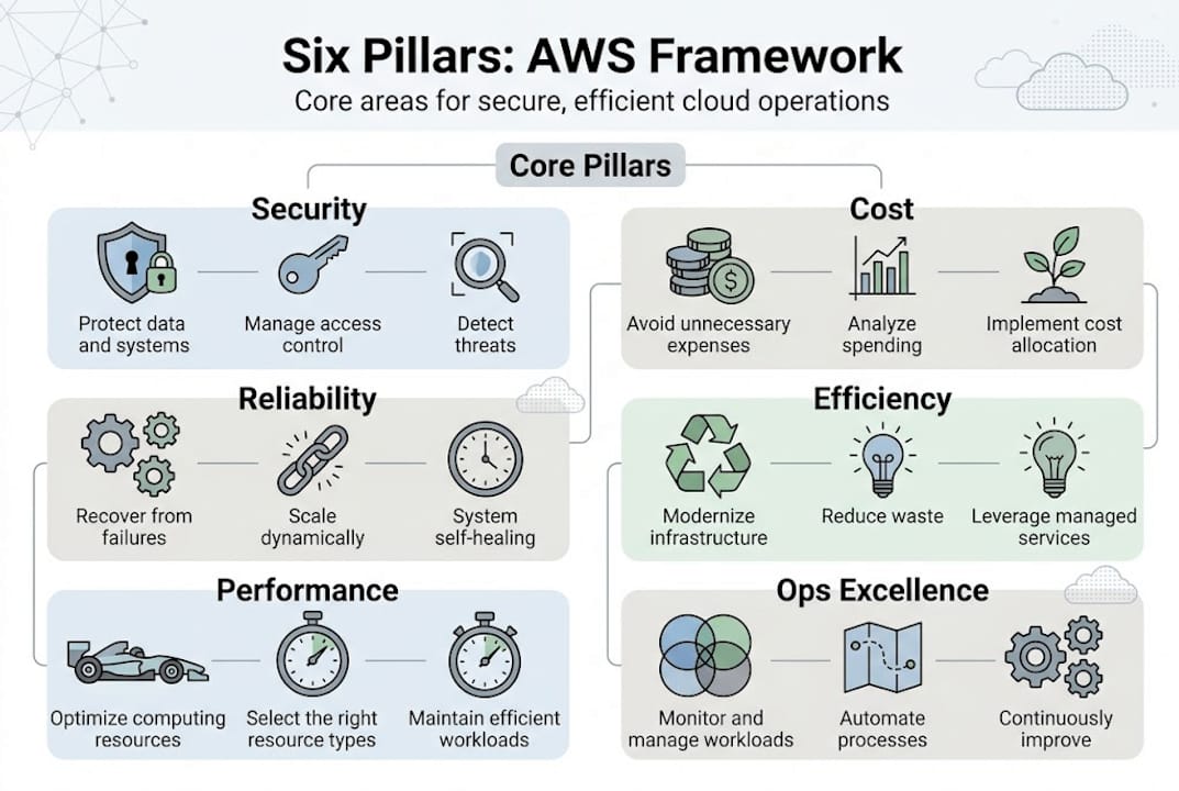 Infographic covers the six AWS pillars visually