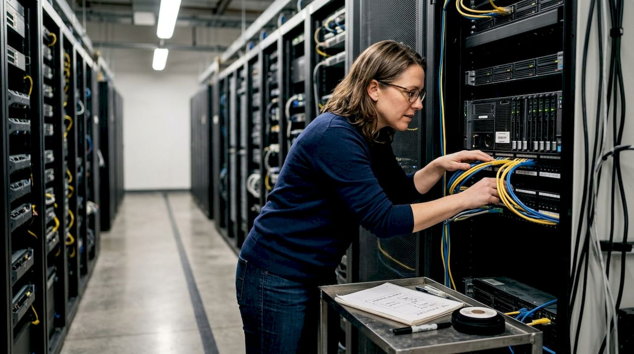 Cloud architect working in data center with servers