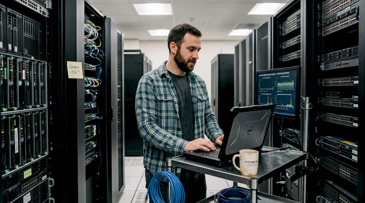 Engineer managing deployment in server room